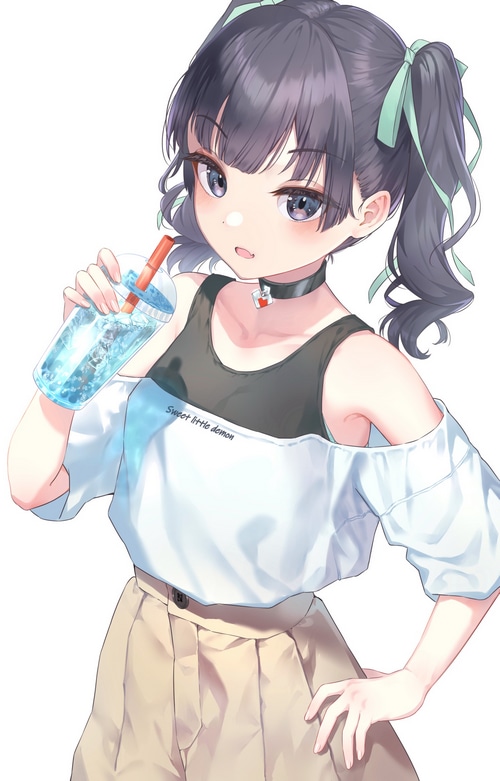 Anime girl with pigtails drinking a beverage