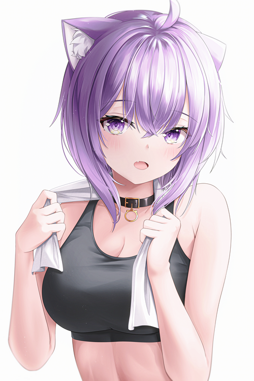 Nekomata Okayu wearing a sports bra and holding a towel