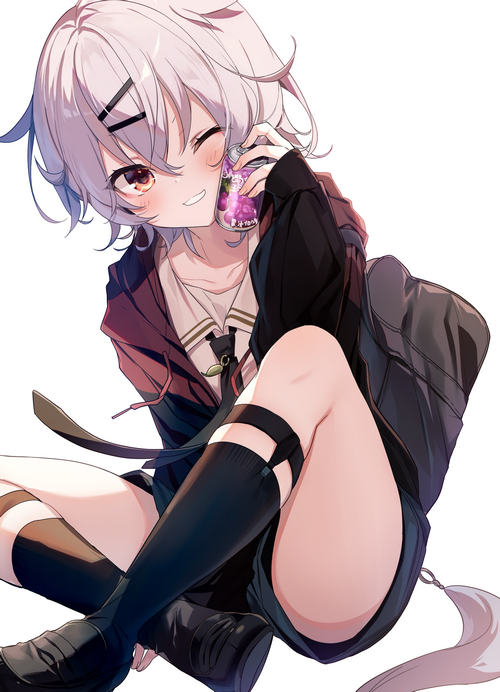 Anime girl with short white hair holding a soda can