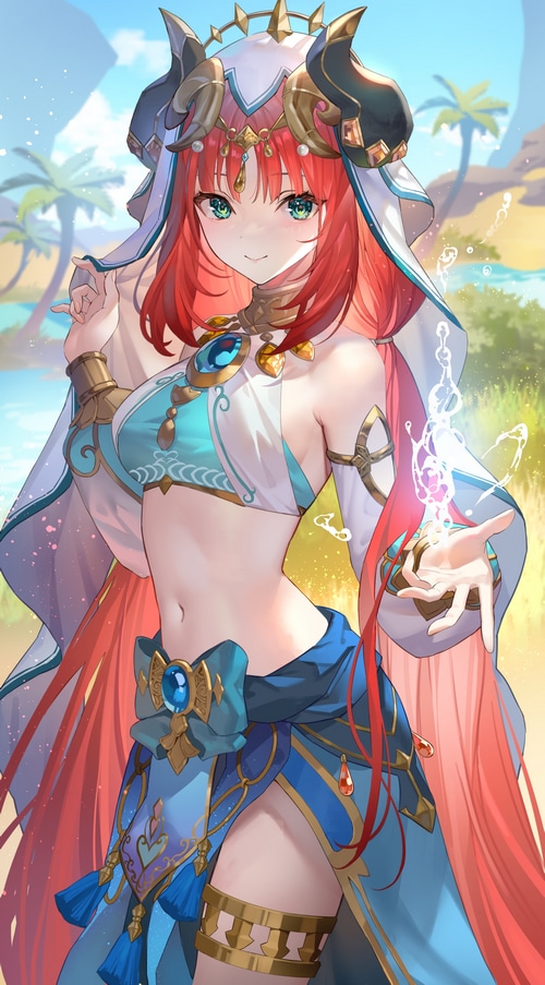 Nilou from Genshin Impact with horns and water magic