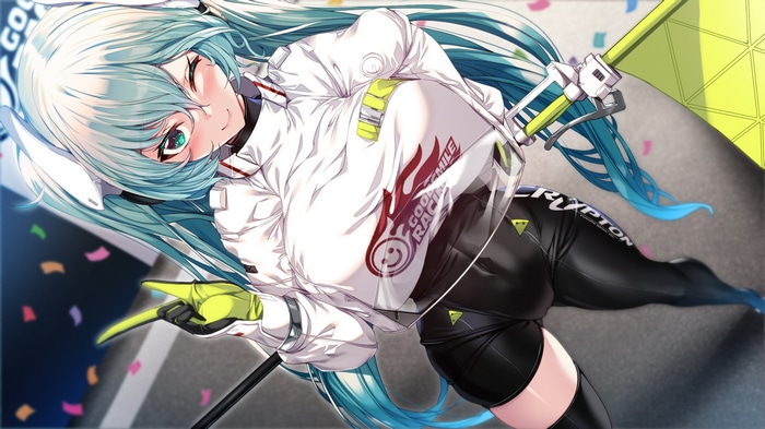 Hatsune Miku in a racing outfit with a checkered flag