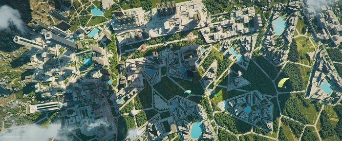 Aerial view of a futuristic cityscape with paragliders