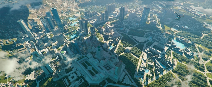 Aerial view of a futuristic cityscape with a helicopter