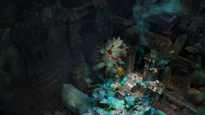 Fantasy art of a ruined temple with crystals