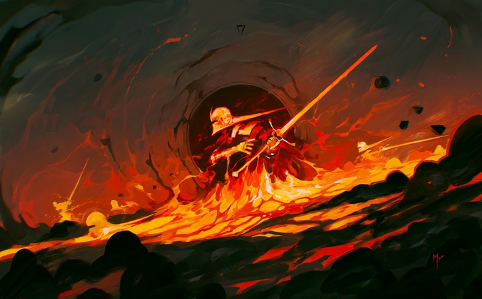 Knight in lava with swords