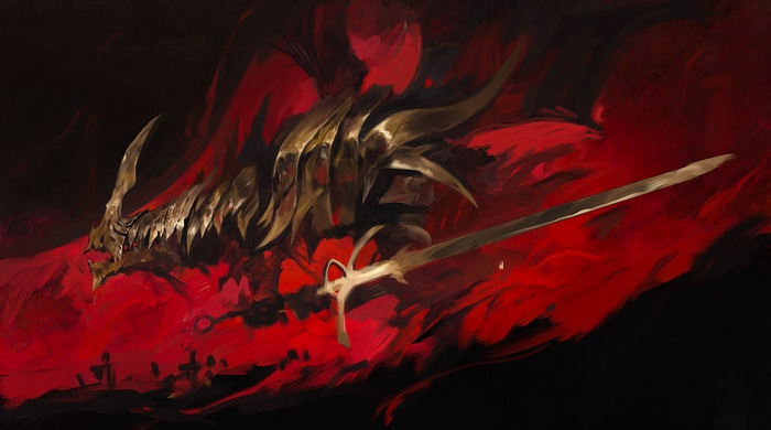 Fantasy art of a dragon head and sword