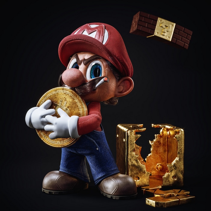 Super Mario holding Bitcoin with gold bars