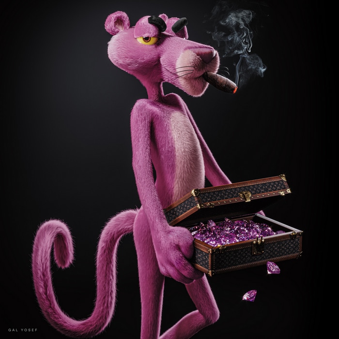 The Pink Panther smoking and holding diamonds