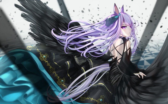 Girl with purple hair and wings in a black dress