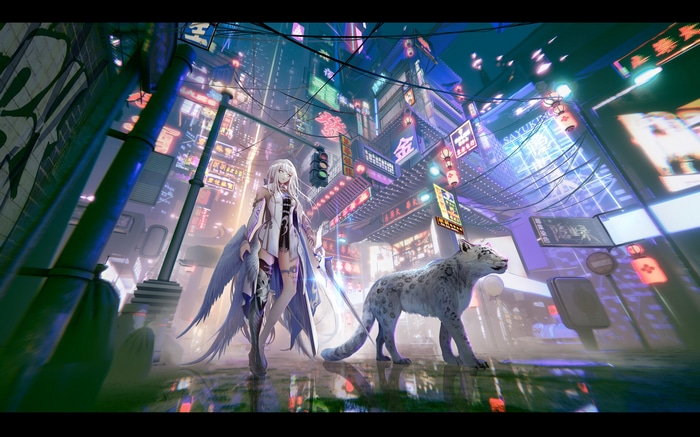Anime girl with wings and snow leopard in neon city