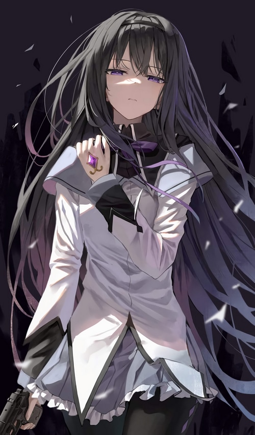Homura Akemi with a gun and a gem