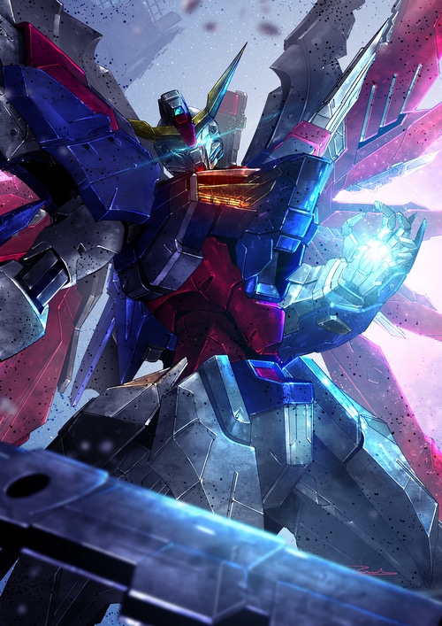 Destiny Gundam in a dramatic pose with glowing hand