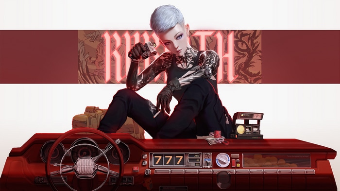 Woman with tattoos and cybernetic arms holding a cigarette