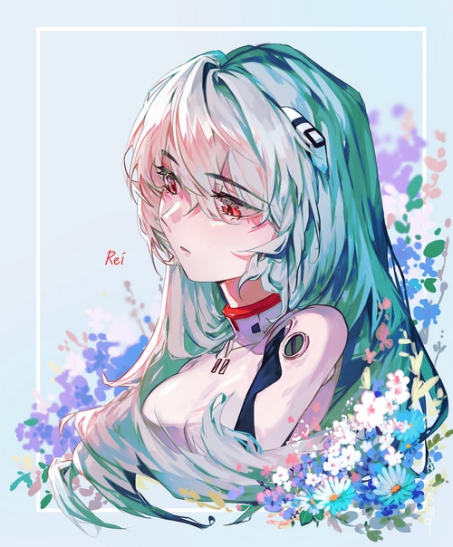Ayanami Rei from Neon Genesis Evangelion with flowers