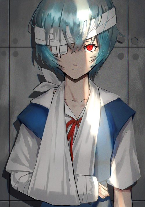 Ayanami Rei with bandages and red eyes