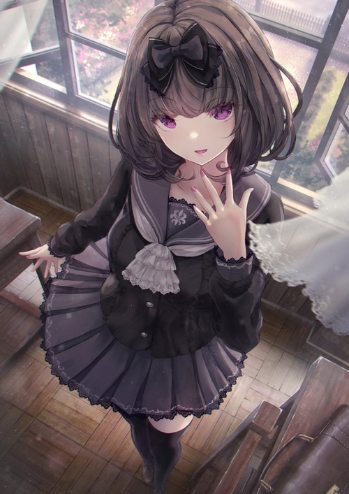 Girl in school uniform by the window