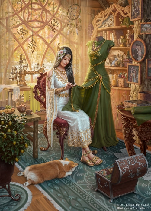 Fantasy art of a woman sewing a green dress