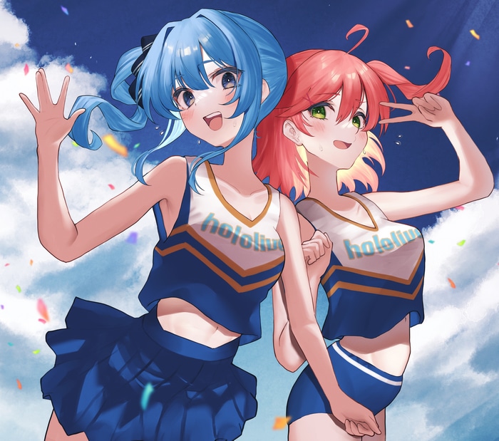 Hoshimachi Suisei and Sakura Miko as Hololive cheerleaders
