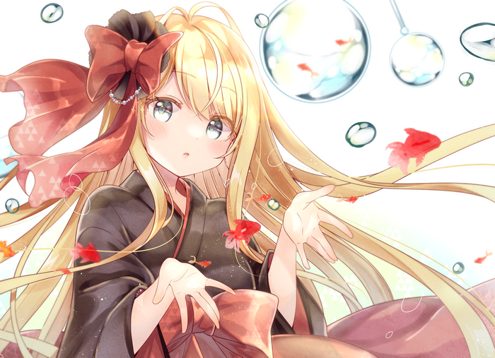 Anime girl Gomano Rio with blonde hair and goldfish