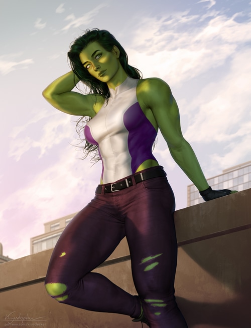 She-Hulk in torn jeans leaning on a ledge