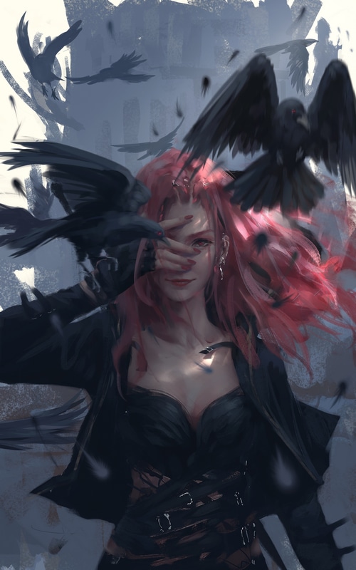 Woman with pink hair and crows by WLOP
