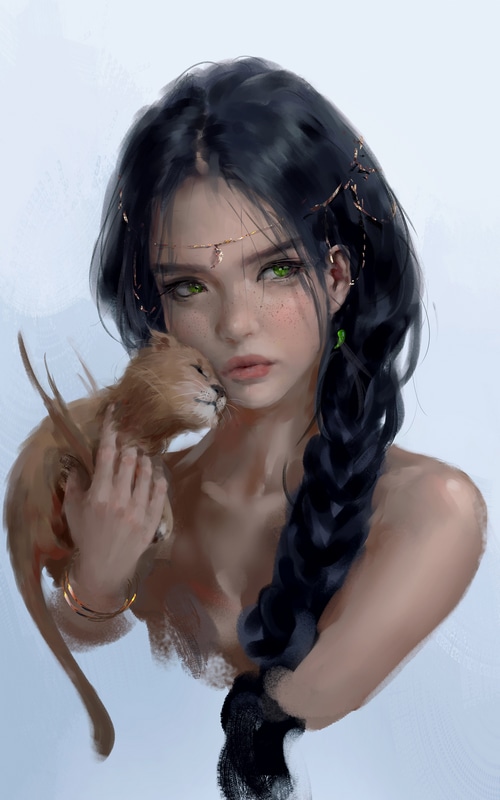 Artwork of a woman with a cat by WLOP
