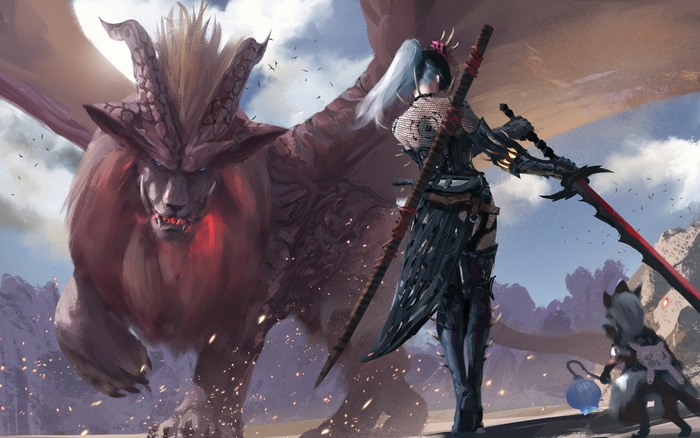 Monster Hunter artwork featuring a woman and a creature