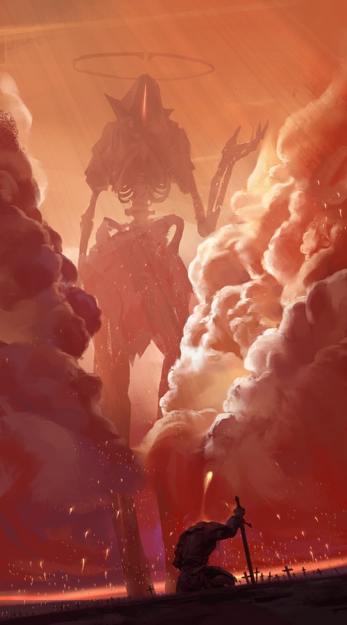 Artwork by WLOP: Giant skeletal figure and kneeling warrior