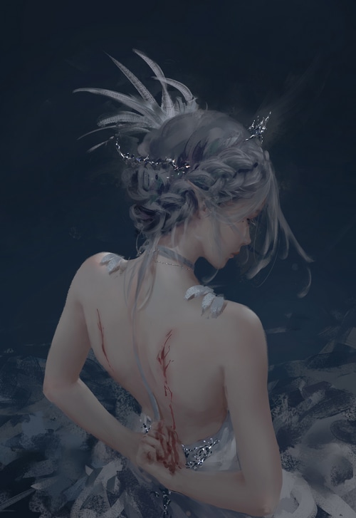 Ghostblade artwork of a princess with blood on her back