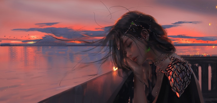 4K WLOP Ghostblade woman at sunset