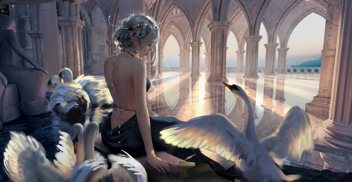 4K Princess with Swans in an Ornate Courtyard
