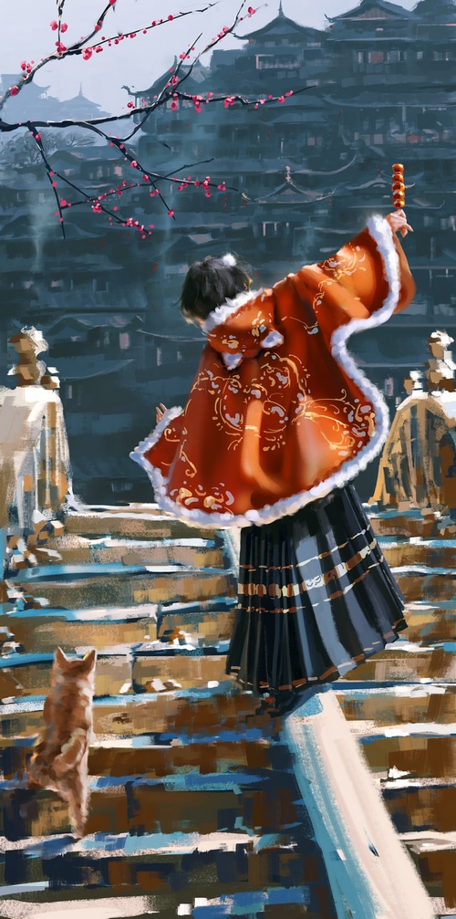 Artwork of a woman in a red coat with a cat