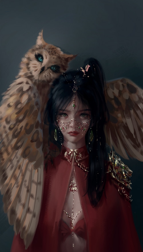Woman with owl and ornate jewelry