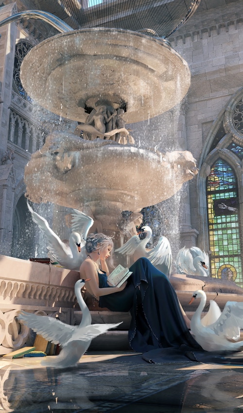 Princess reading by a fountain with swans