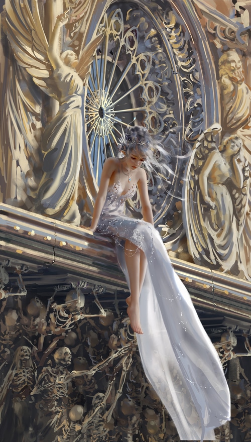 Ghostblade princess in a white dress sitting on a ledge
