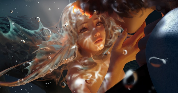 4K Artwork of Mermaids Underwater by WLOP