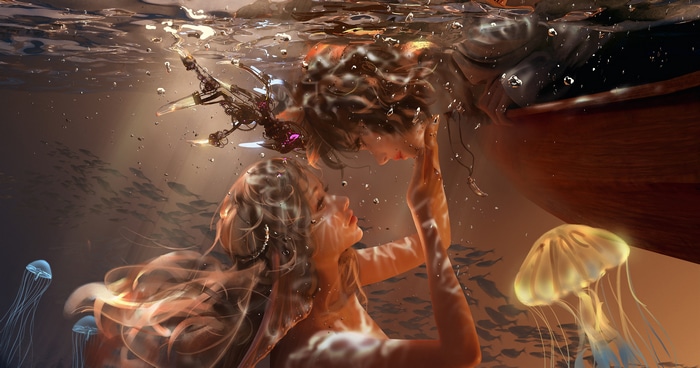 4K WLOP underwater scene with mermaids and jellyfish