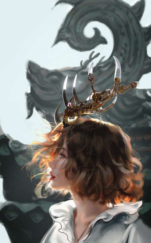 Woman with Steampunk Horns and Dragon Background