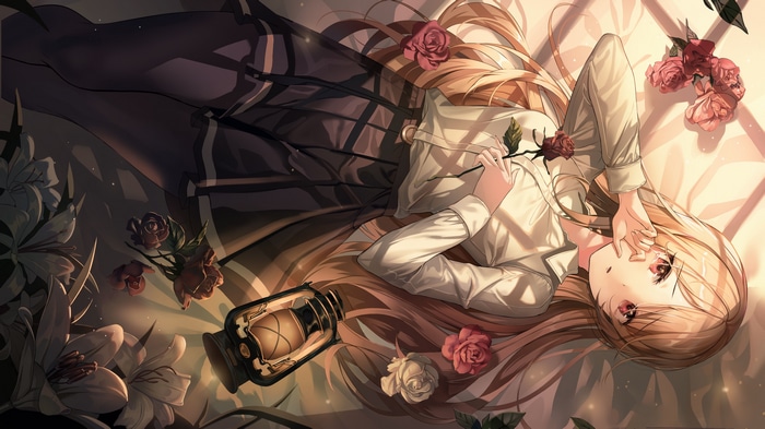 Shiina Mashiro with roses and a lantern