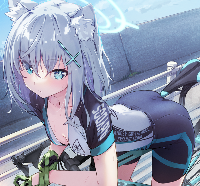 Shiroko from Blue Archive on a bicycle