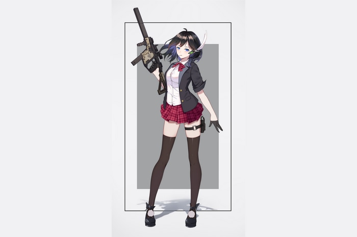 Anime girl in school uniform holding a gun