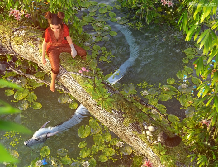 Girl and Dragon by a Log in a Pond