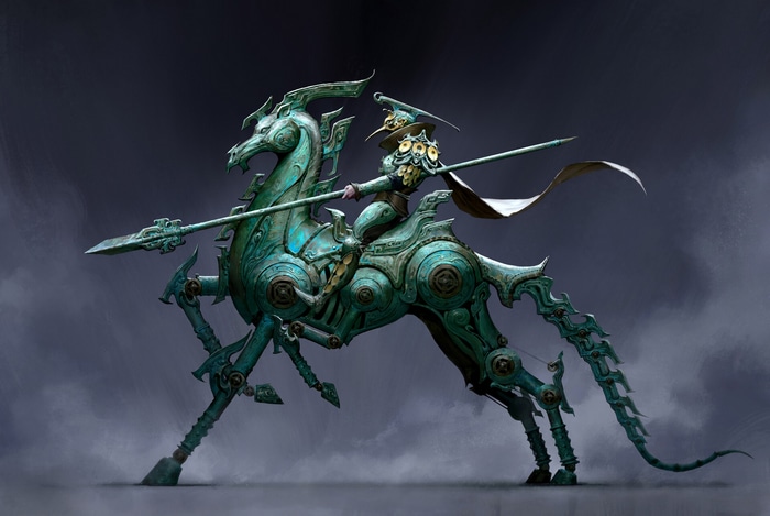 Yawei Cao's fantasy art of a mechanical horse and rider