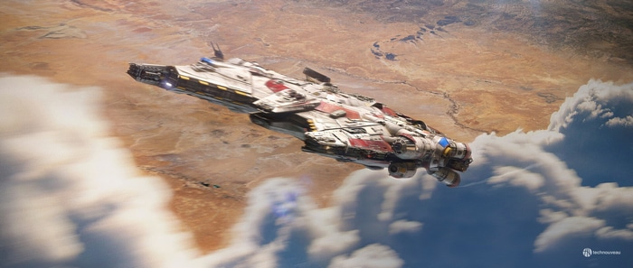 Star Wars spaceship flying over a desert planet