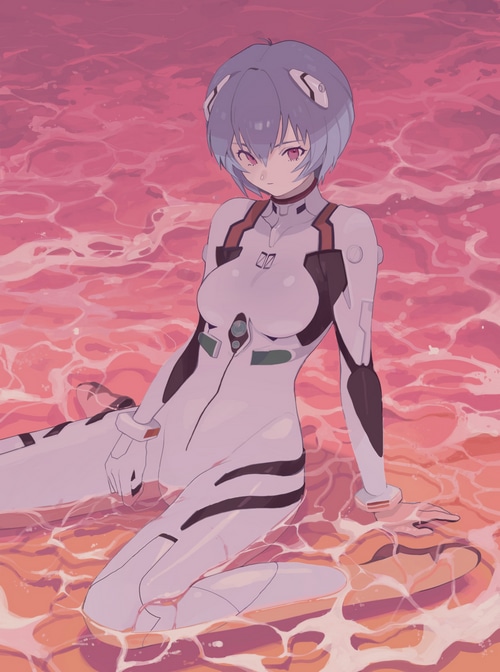 Ayanami Rei in a white bodysuit sitting in water