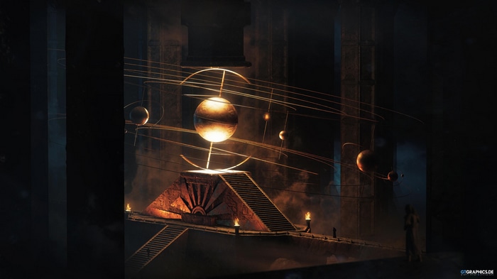 Ancient temple with orrery and planets