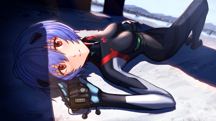 Ayanami Rei lying down with a device