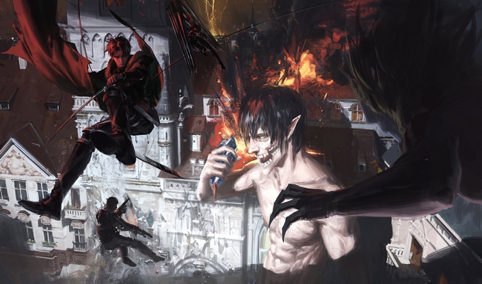 Eren Yeager Titan fighting in Shingeki no Kyojin