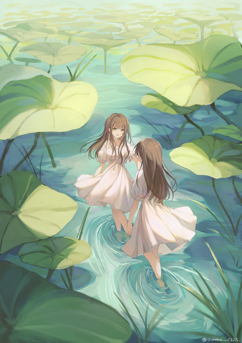 Two anime girls in white dresses wading through water lilies