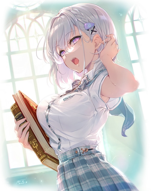 Schoolgirl with glasses reading a book